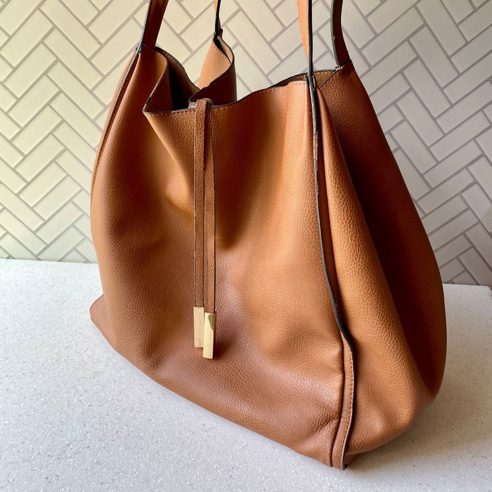 Large Cognac Brown Pebbled Faux Leather Hobo Shoulder Bag Tote with Gold Accents - Picture 2 of 11